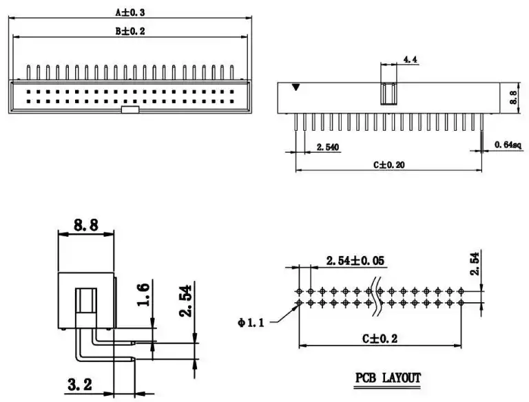 BOX HEADERS RIGHT ANGLED (2.54 mm) dimension